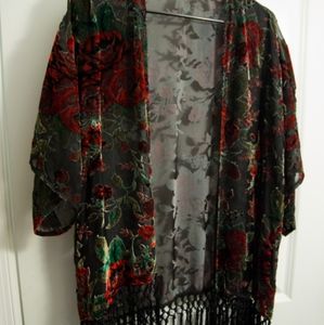 Red green black Rose floral burnout velvet kimono